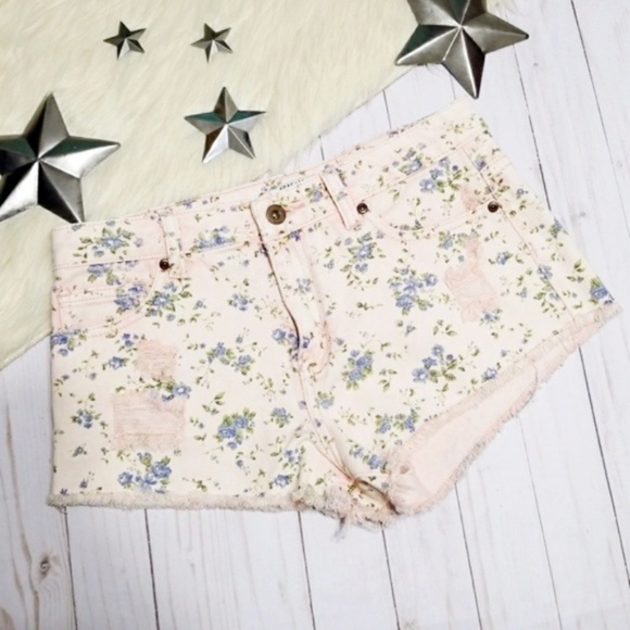 Forever 21 Floral Denim Shorts Blush Pink Cutoffs - Picture 1 of 7